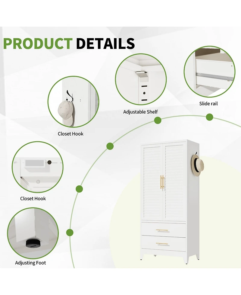 Boyel Living Metal Wardrobe Cabinet with Hanging Rod Drawers Adjustable Shelf