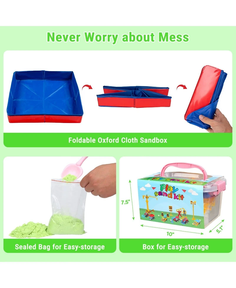 homfan 43Pieces Construction Sand Toy Set for Kids - 3lbs Play Sand, 6 Mini Trucks, Castle Molds, Tools, Collapsible Sandbox and Storage Bin