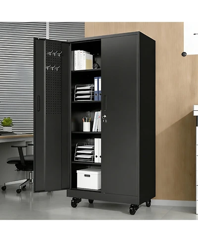 Boyel Living Garage Storage Cabinet Steel 4 Shelf Pegboard Doors Locking Wheels 900lb