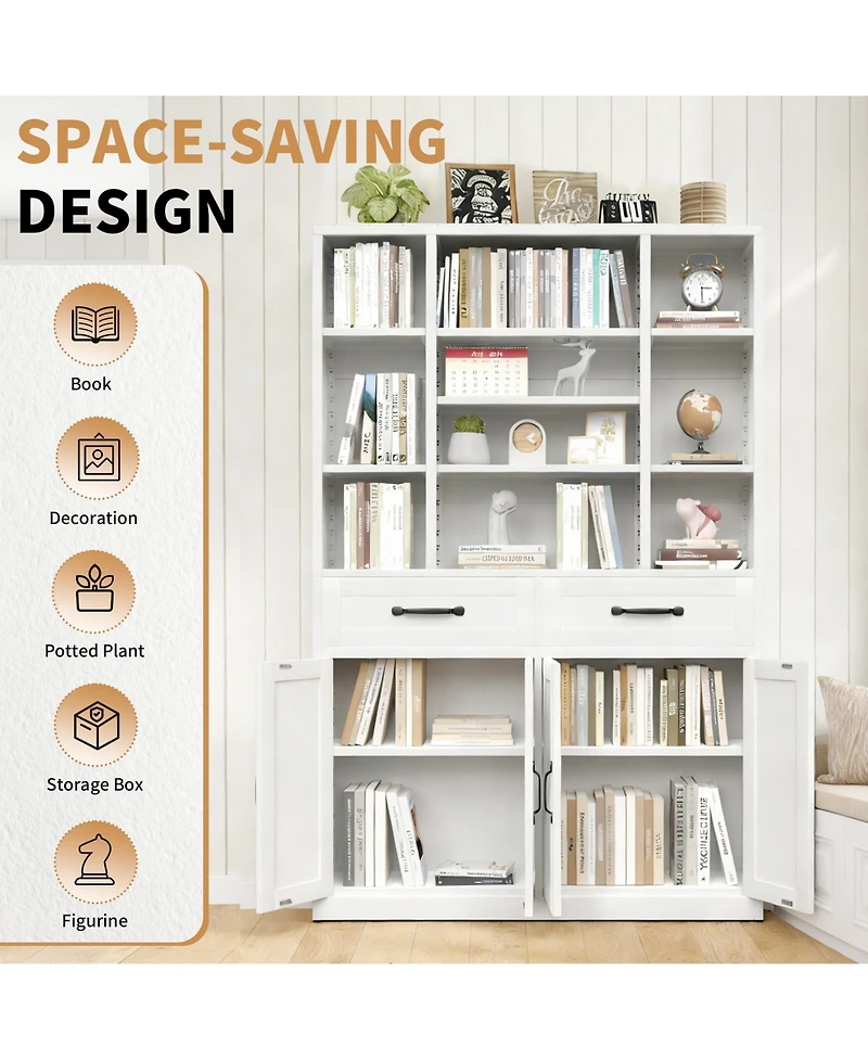 Boyel Living Tall Steel Bookcase with Drawers and Cabinets Adjustable Shelves