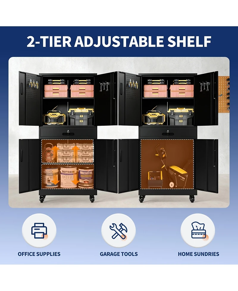 Boyel Living Garage Storage Cabinet with Drawer Pegboard Adjustable Shelves Locking Wheels