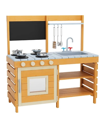 homfan Outdoor Wooden Play Kitchen, Fir Wood Kids Mud Kitchen for Children Ages 3 Plus for Backyard or Garden