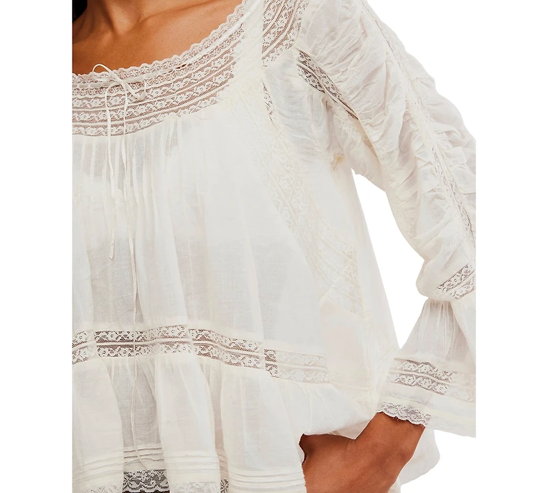 Free People Women's Lace-Trim Bell-Sleeve Scoop Neck Blouse