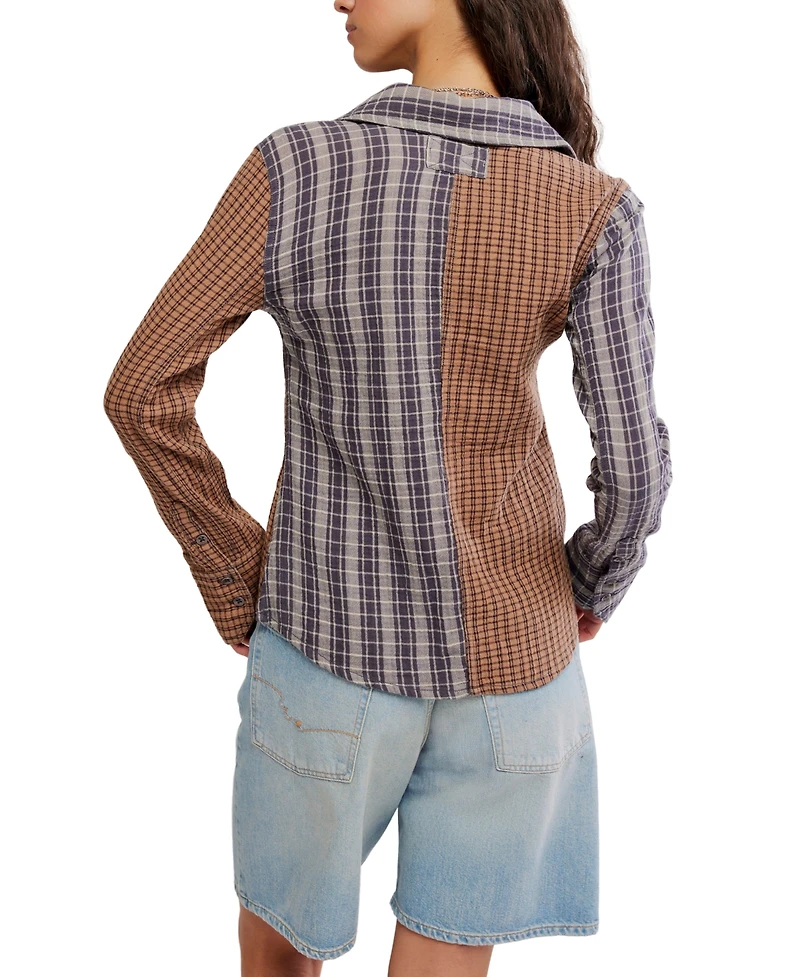 Free People Women's Distressed Paint-Splatter Button-Front Shirt