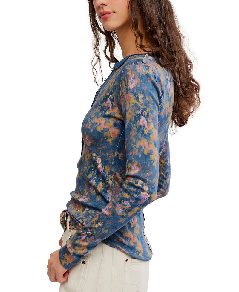 Free People Women's Printed Ribbed Henley Neck Top