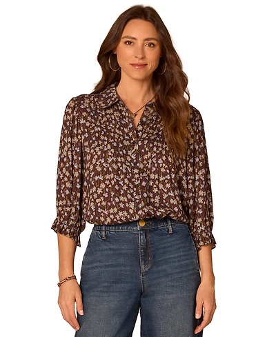 Democracy Women's Printed Scallop-Edge Collared Woven Top