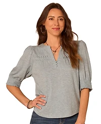 Democracy Women's Smocked Pintuck Knit Mandarin Collar Top