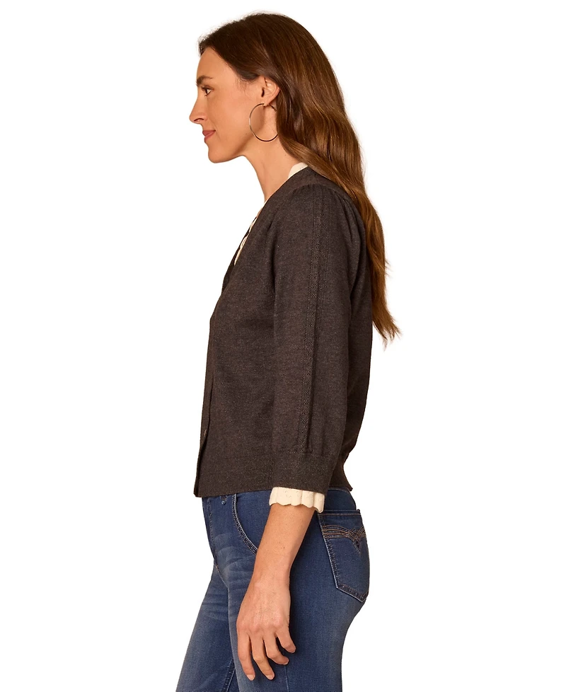 Democracy Women's V-Neck Contrast Scallop-Edge Sweater Cardigan