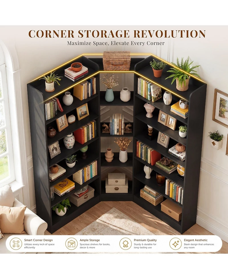 Aheaplus 71" Tall Corner Bookshelf with 15 Shelves, 7-Tiers L-Shaped Bookcase