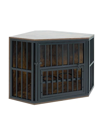 Ruie Wooden Corner Dog Kennel End Table with 3 Position Bowl Rack