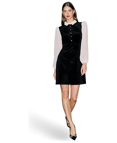 Yumi Women's Contrast Long Sleeve Velvet Mini Dress