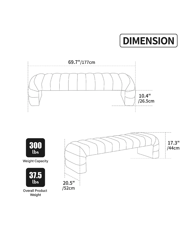 sumyeg 69.7-Inch Upholstered Armless Bench with Channel Tufted Chenille Design
