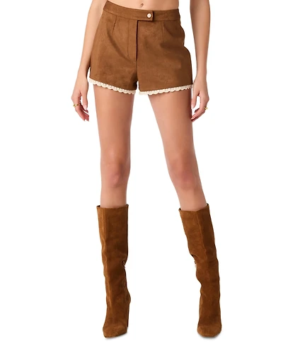 Astr the Label Women's High-Rise Faux Suede Lace-Trim Shorts