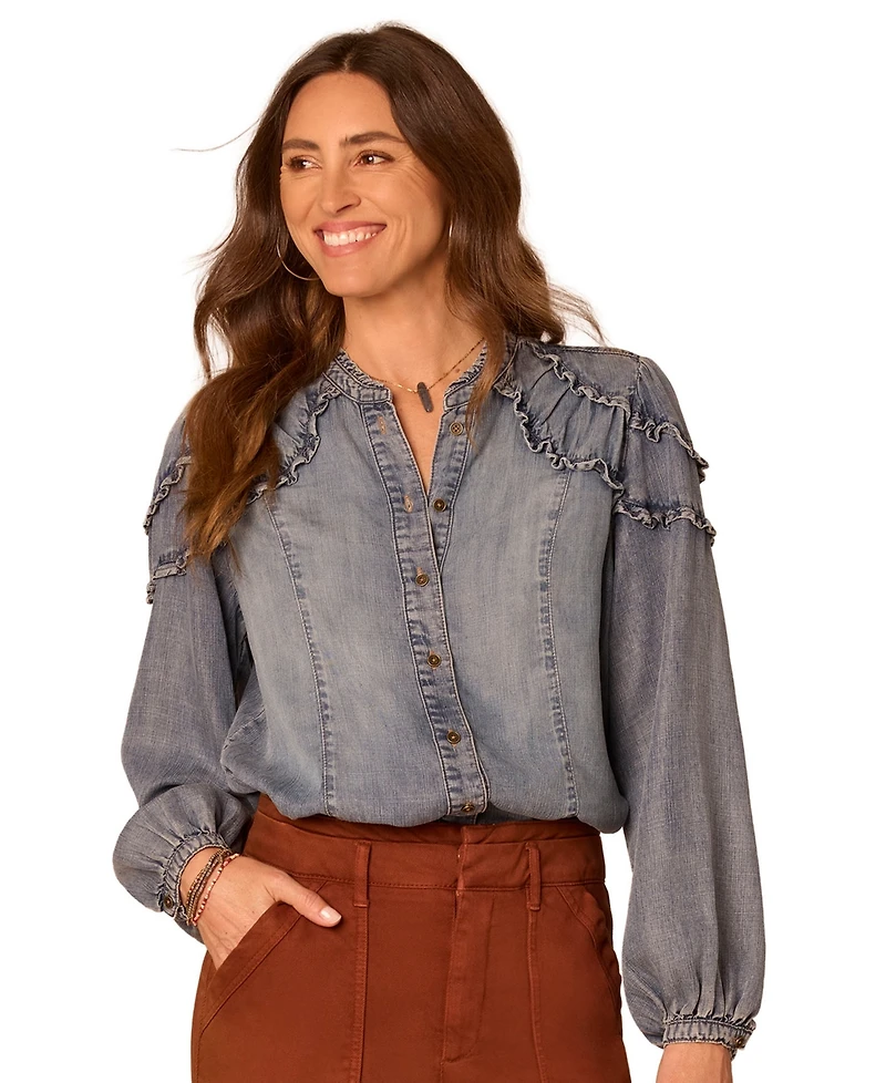 Democracy Petite Long-Sleeve Stand Collar Ruffle Top