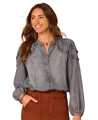 Democracy Petite Long-Sleeve Stand Collar Ruffle Top