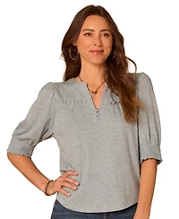 Democracy Petite Blouson-Sleeve Mandarin Collar Knit Top