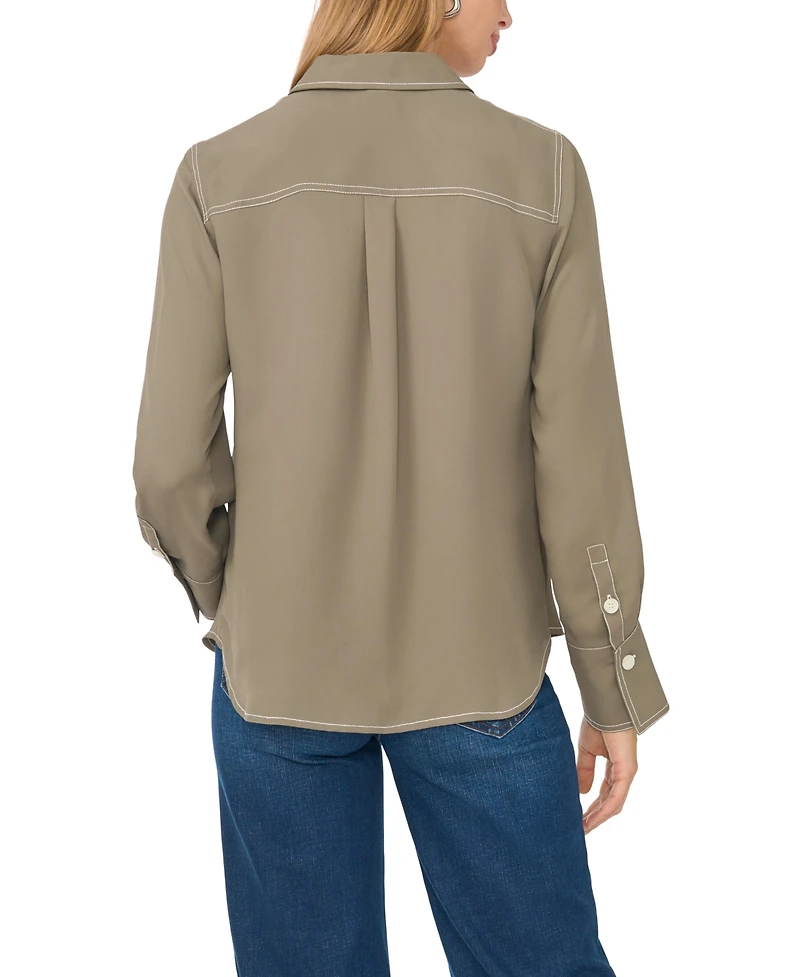 Vince Camuto Women's Contrast Stitch Button Front Collared Top