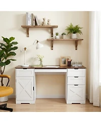 homfan 59" Farmhouse Desk - 4 Drawers, Charging Station and Keyboard Tray, Adjustable Shelves for Home Office and Studio