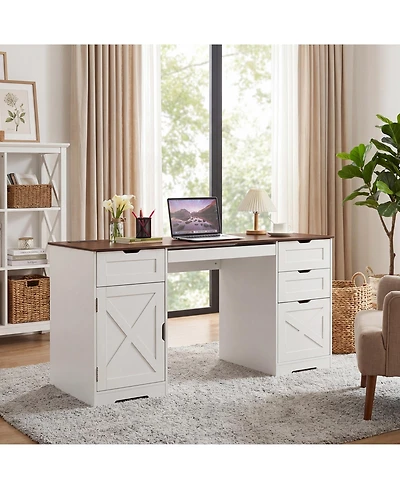 homfan 59" Farmhouse Desk - 4 Drawers, Charging Station and Keyboard Tray, Adjustable Shelves for Home Office and Studio