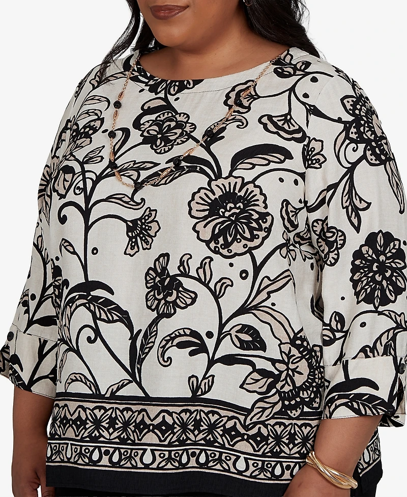 Alfred Dunner Plus Travel Advisory Scroll Border Top with Necklace