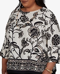 Alfred Dunner Plus Travel Advisory Scroll Border Top with Necklace