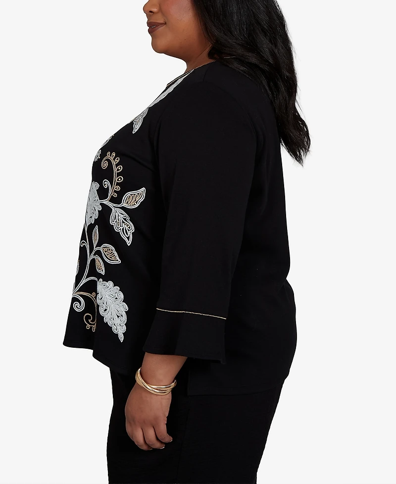 Alfred Dunner Plus Travel Advisory Scroll Leaf Embroidered Top