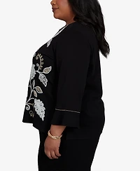 Alfred Dunner Plus Travel Advisory Scroll Leaf Embroidered Top