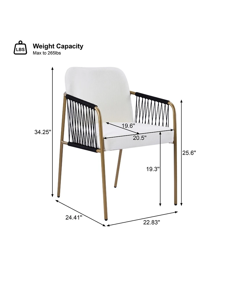 Boyel Living 2-Piece Modern Glam Dining Chairs, Metal Frame, Fabric Seat and Woven Arms, Mid-Century