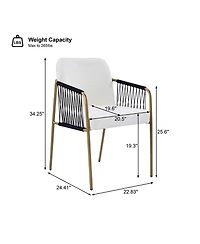 Boyel Living 2-Piece Modern Glam Dining Chairs, Metal Frame, Fabric Seat and Woven Arms, Mid-Century