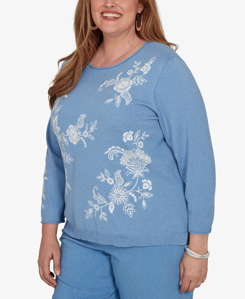 Alfred Dunner Plus Provence Lacey Floral Embroidered Sweater