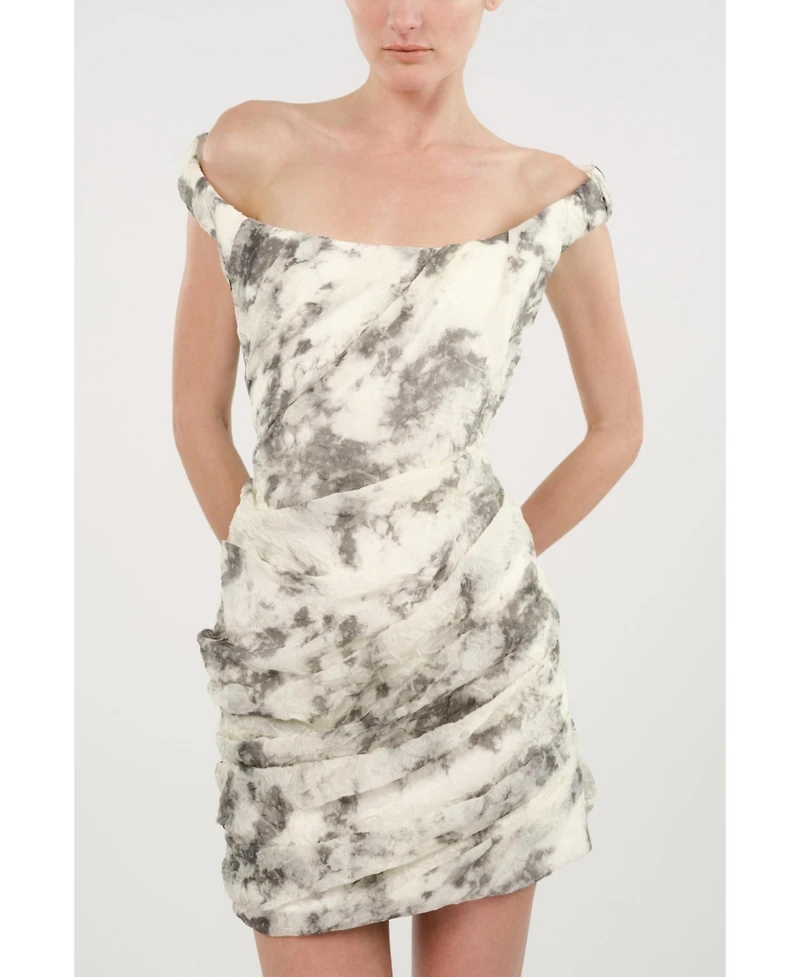 Nocturne Women's Abstract Print Off Shoulder Ruched Mini Dress
