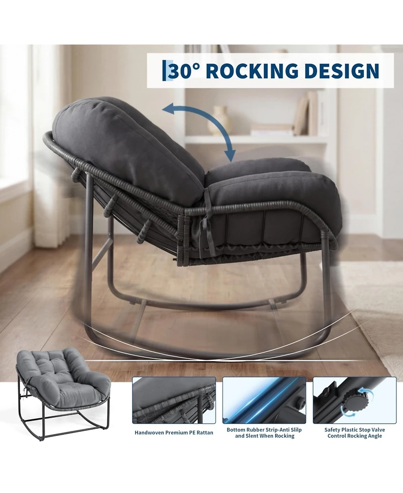 GarveeLife 2 Piece Outdoor Rocking Chair, Papasan Rocking Chair with Thick Cushion, Comfy Wicker Reading Lounge, Indoor Bed-Like for Bedroom, Balcony