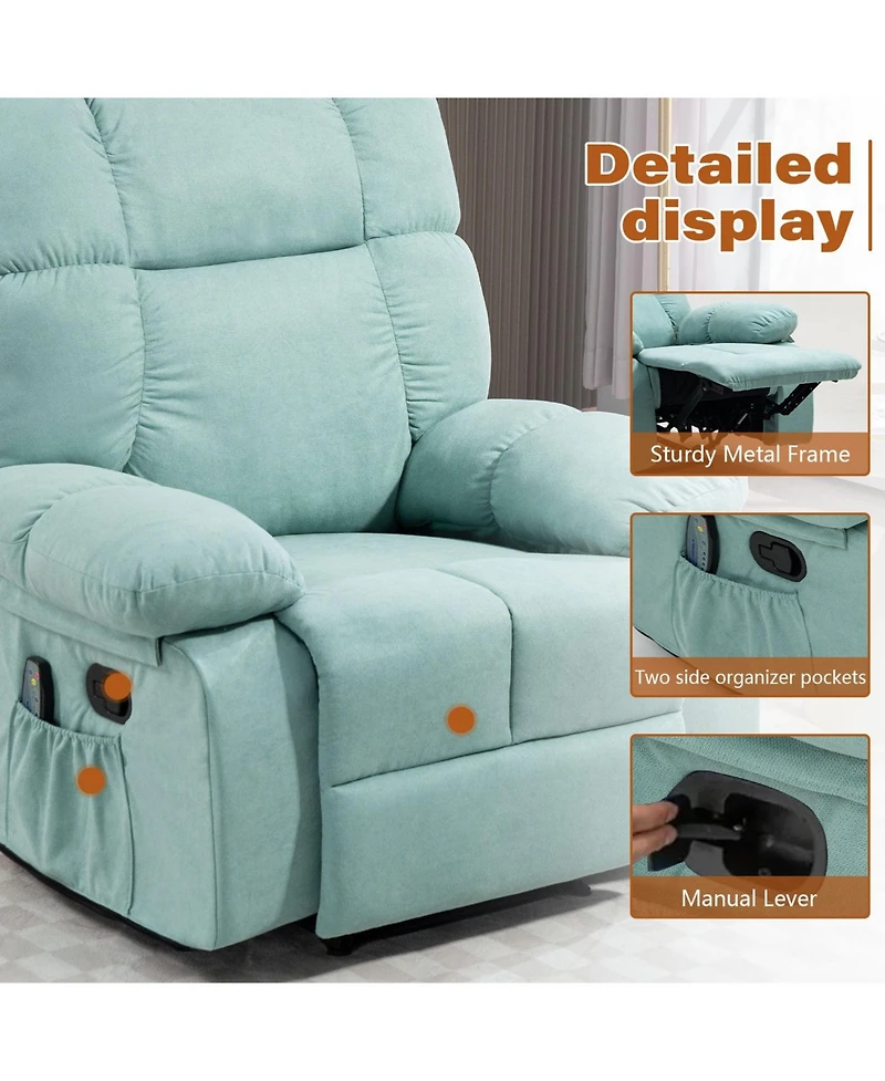 Dyhome Manual Recliner Chair with Heat and Massage, Upholstered Lounge Sofa Retractable Footrest, Side Storage Pockets