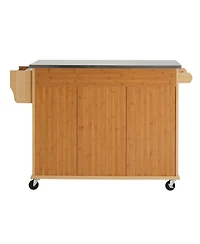 Streamdale Furniture Bamboo Rolling Kitchen Island with Stainless Steel Top and Storage