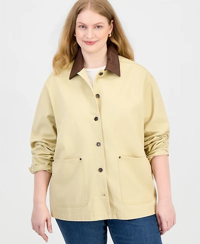 Madden Girl Plus Cropped Long-Sleeve Faux Leather Collar Barn Jacket