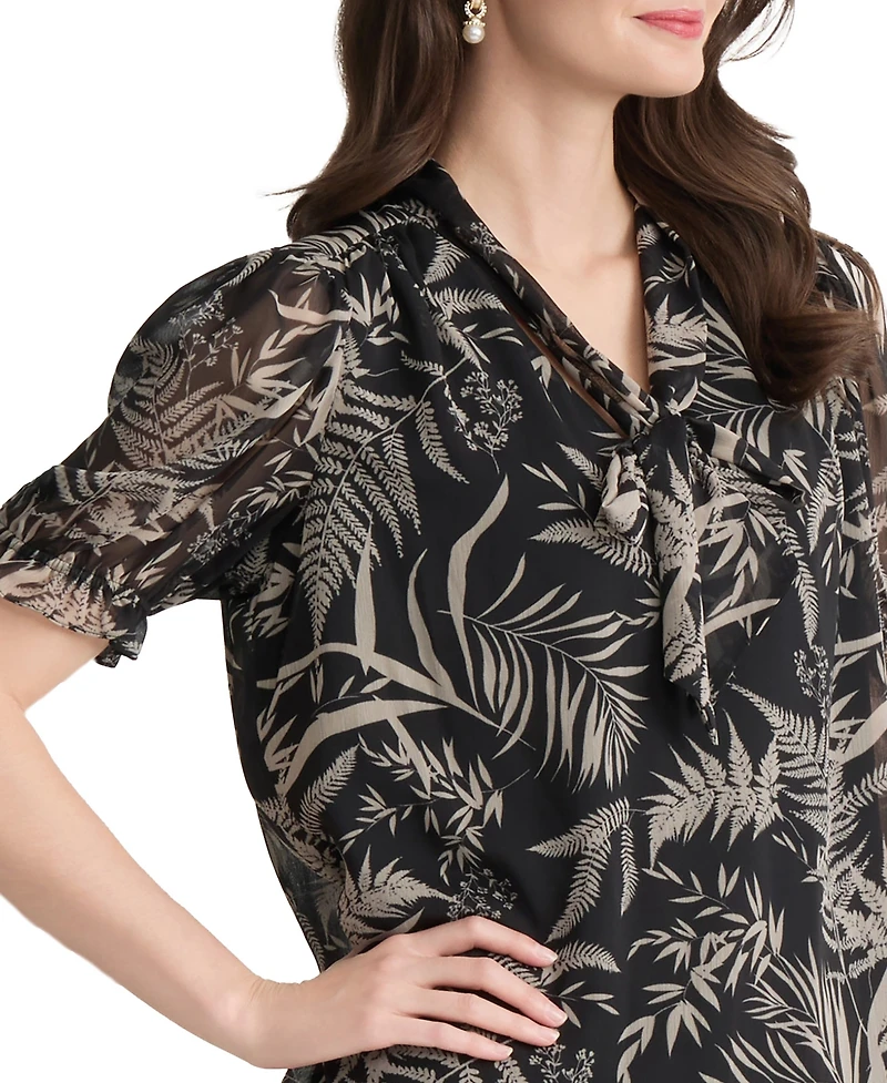 Jones New York Women's Tie-Neck Puff-Sleeve Top