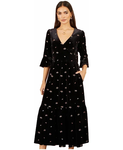 Yumi Women's Velvet Embroidered V-Neck Midi Dress