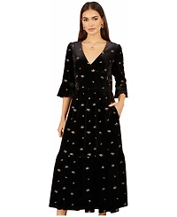 Yumi Women's Velvet Embroidered V-Neck Midi Dress