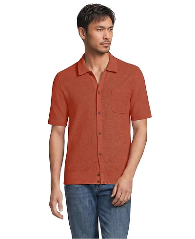 Lands' End Men's Short Sleeve Texture Stitch Button Through Sweater Polo