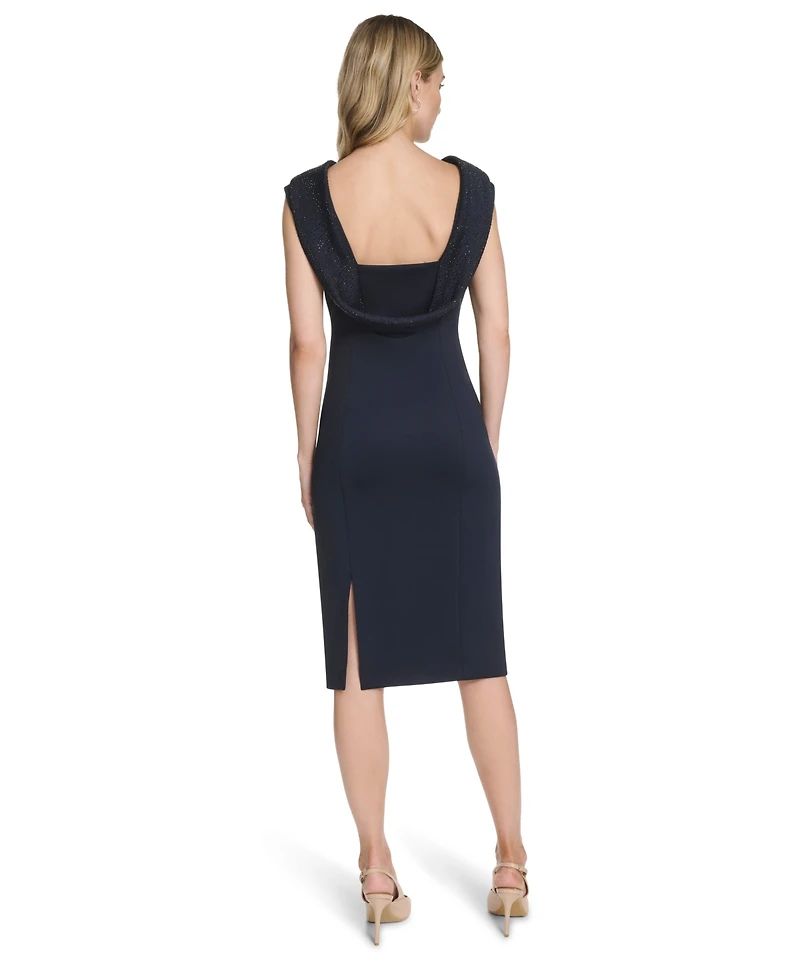 Calvin Klein Women's Rhinestone-Embellished Boat Neck Cowl Back Sheath Dress