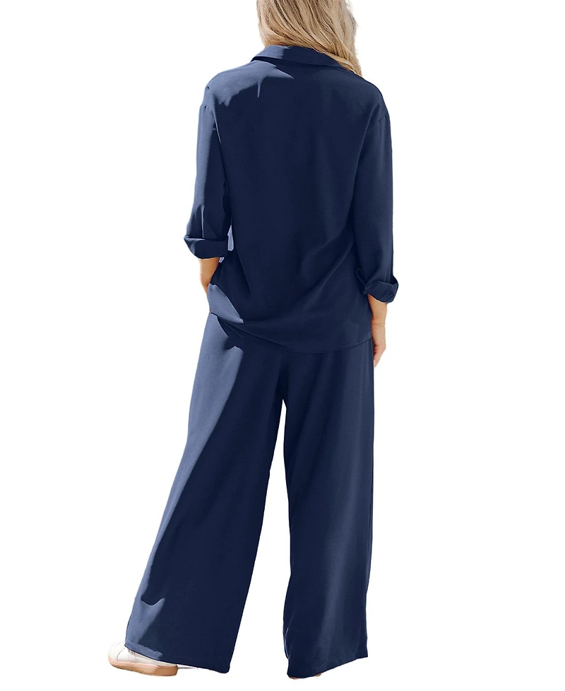 Cupshe Women's Soft Dawn Oversized Collared Wide-Leg Shirt and Trouser Set
