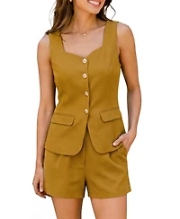 Cupshe Women's Gentle Tailored Sleeveless Vest Short Co-Ord Square Neckline and Shorts Set