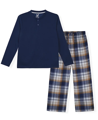 Max & Olivia Boys' 6-18 Henley Top and Navy Plaid Pants Pajama, 2-Piece Set