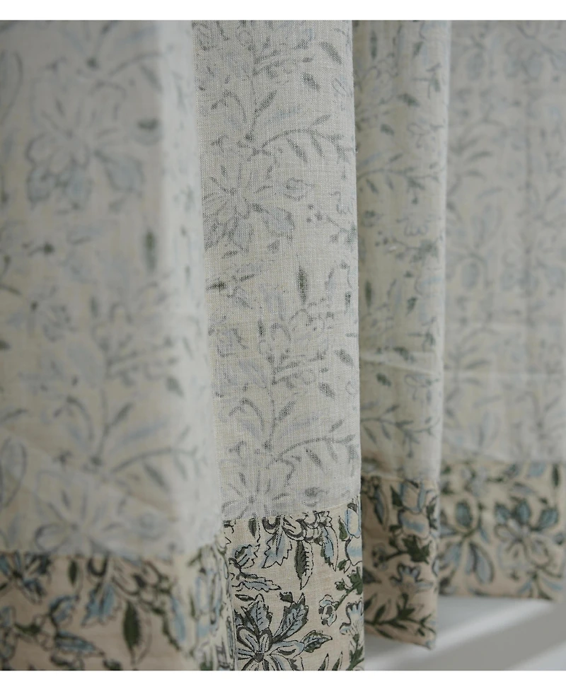 Fabdivine Handcrafted Floral Block Print Pleated Gray Linen Blend Ring Curtain