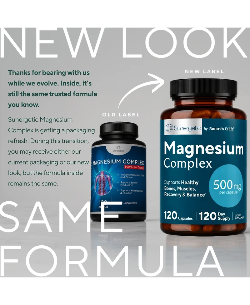 Sunergetic Magnesium Citrate and Oxide 500mg Capsules for Bone, Muscle and Energy Support, 120 Count