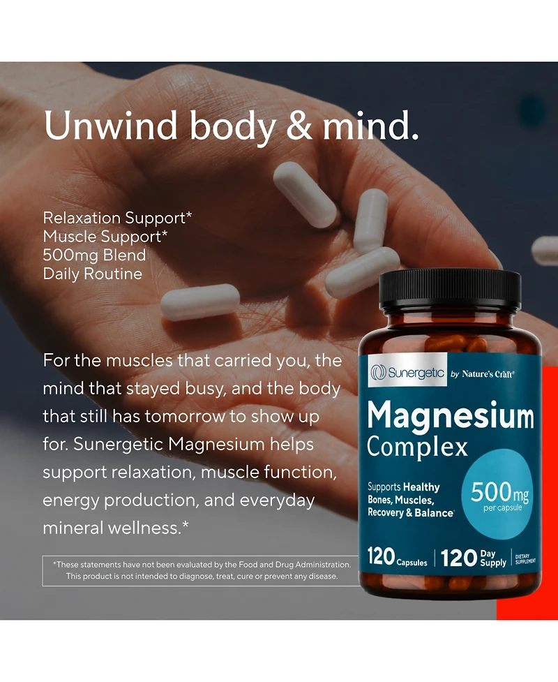 Sunergetic Magnesium Citrate and Oxide 500mg Capsules for Bone, Muscle and Energy Support, 120 Count