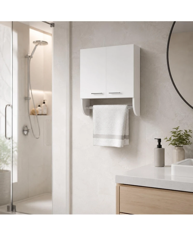 Phying Wall Mounted Bathroom Medicine Cabinet Wood Storage Cabinet with Double Doors Built in Towel Rod