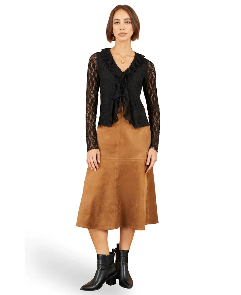 Yumi Women's Ruffled Lace Tie Neck Top