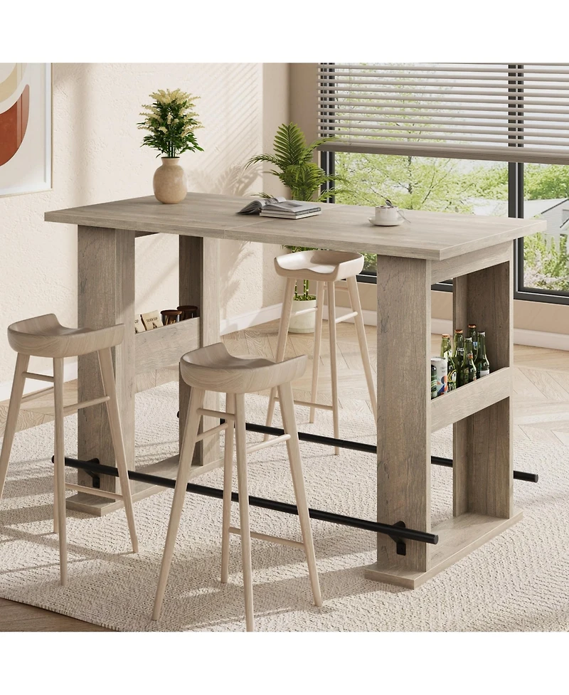 homfan 63-Inch Farmhouse Bar Table with Storage Shelves and Metal Footrest, Counter Height Pub Table for Kitchen