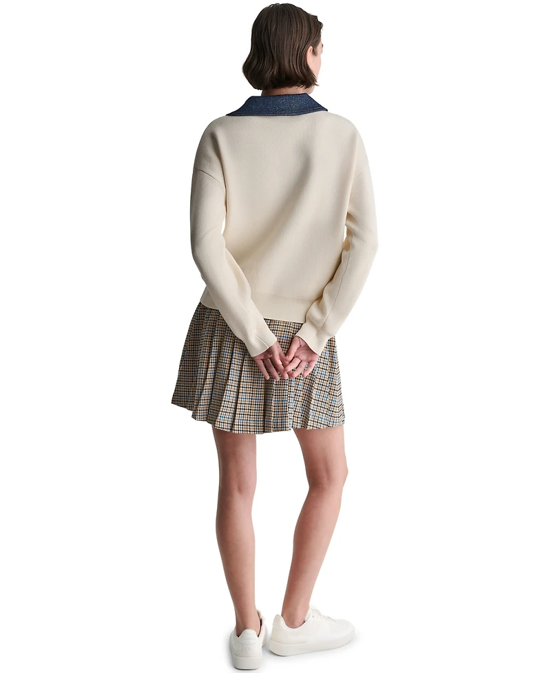 Bcbg Women's Long-Sleeve Collared V-Neck Denim Trim Sweater